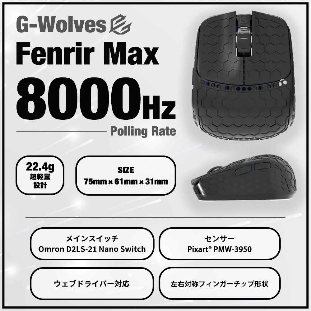 G-Wolves Fenrir Max 8K ゲーミングマウス バッテリー100 G-Wolves Fenrir Max 8K Wireless Mouse ~22.4g ,Type C Usb (Including du