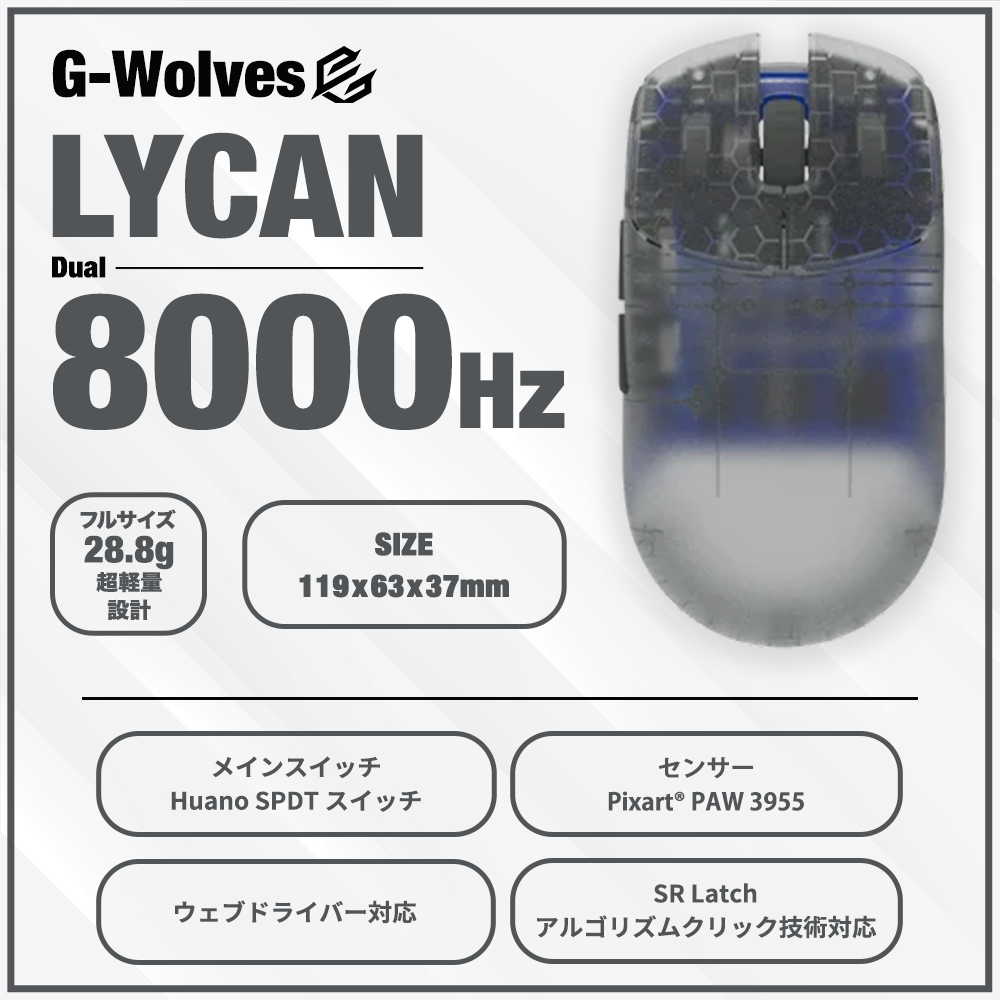 G-Wolves LYCAN Silver Gray 28.8g ゲーミングマウス PAW3955ver