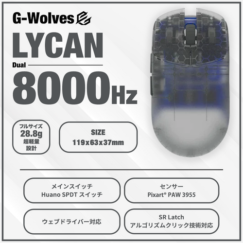 G-Wolves LYCAN Silver Gray 28.8g ゲーミングマウス PAW3955ver