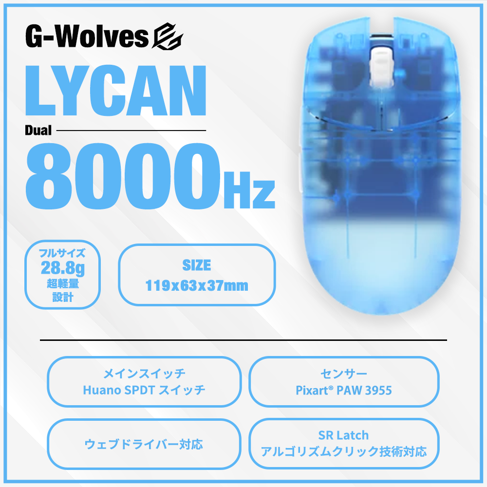 G-Wolves LYCAN Clear Sky 28.8g ゲーミングマウス PAW3955ver