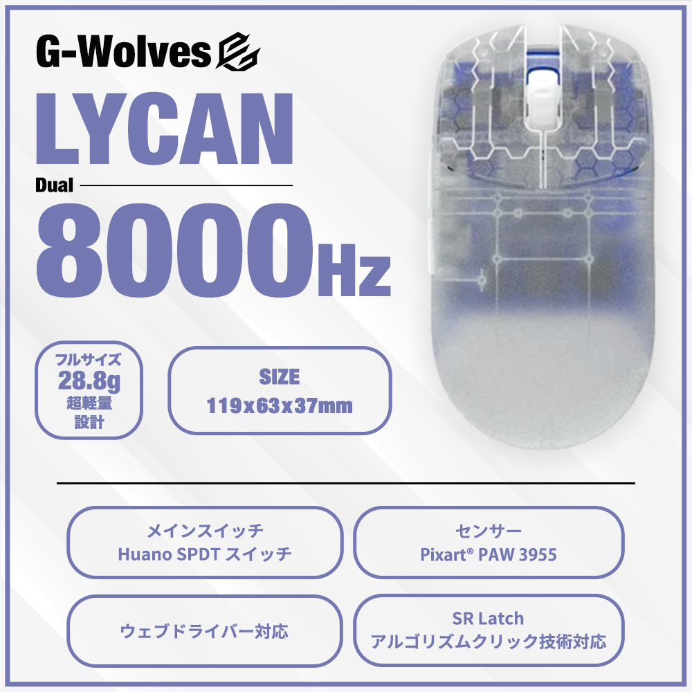 G-Wolves LYCAN Snowy 28.8g ゲーミングマウス PAW3955ver