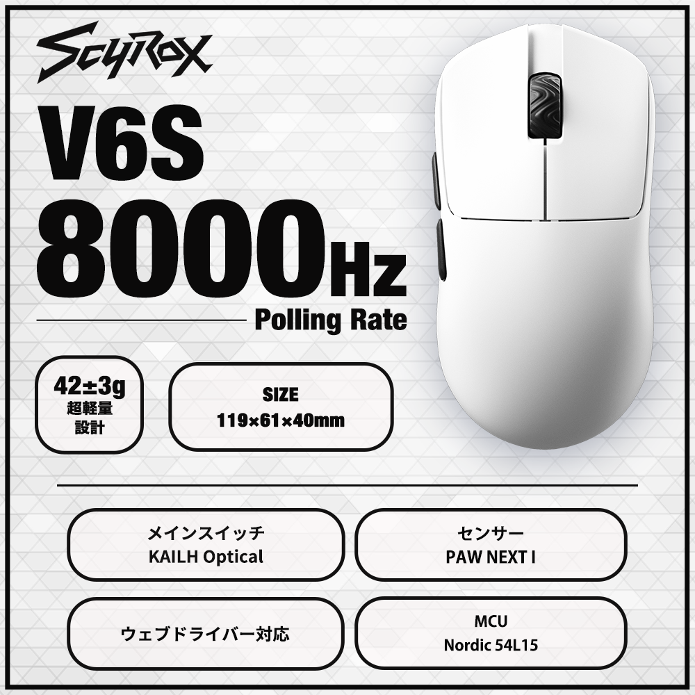 SCYROX V6S White ゲーミングマウス 8000hz 重量42g 左右対称