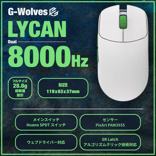 G-Wolves LYCAN WHITE 28.8g ゲーミングマウス PAW3955ver